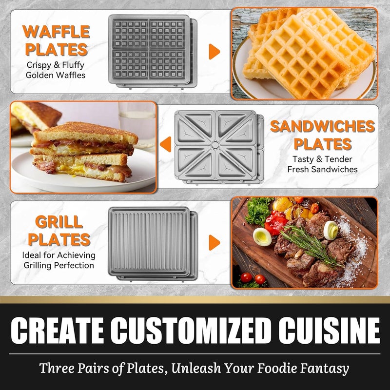 FineMade Belgian Waffle Maker with Removable Plates, Waflera Electrica, Large Waffle Iron, 3 in 1 Panini Grill Press Breakfast Sandwich Maker, Electric Griddle, Grilled Cheese Maker, Breakfast Station - Image 4